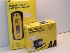 2X BOXED ASSORTED AA ITEMS TO INCLUDE DIGITAL AIR COMPRESSOR & 4A INTELLIGENT BATTERY