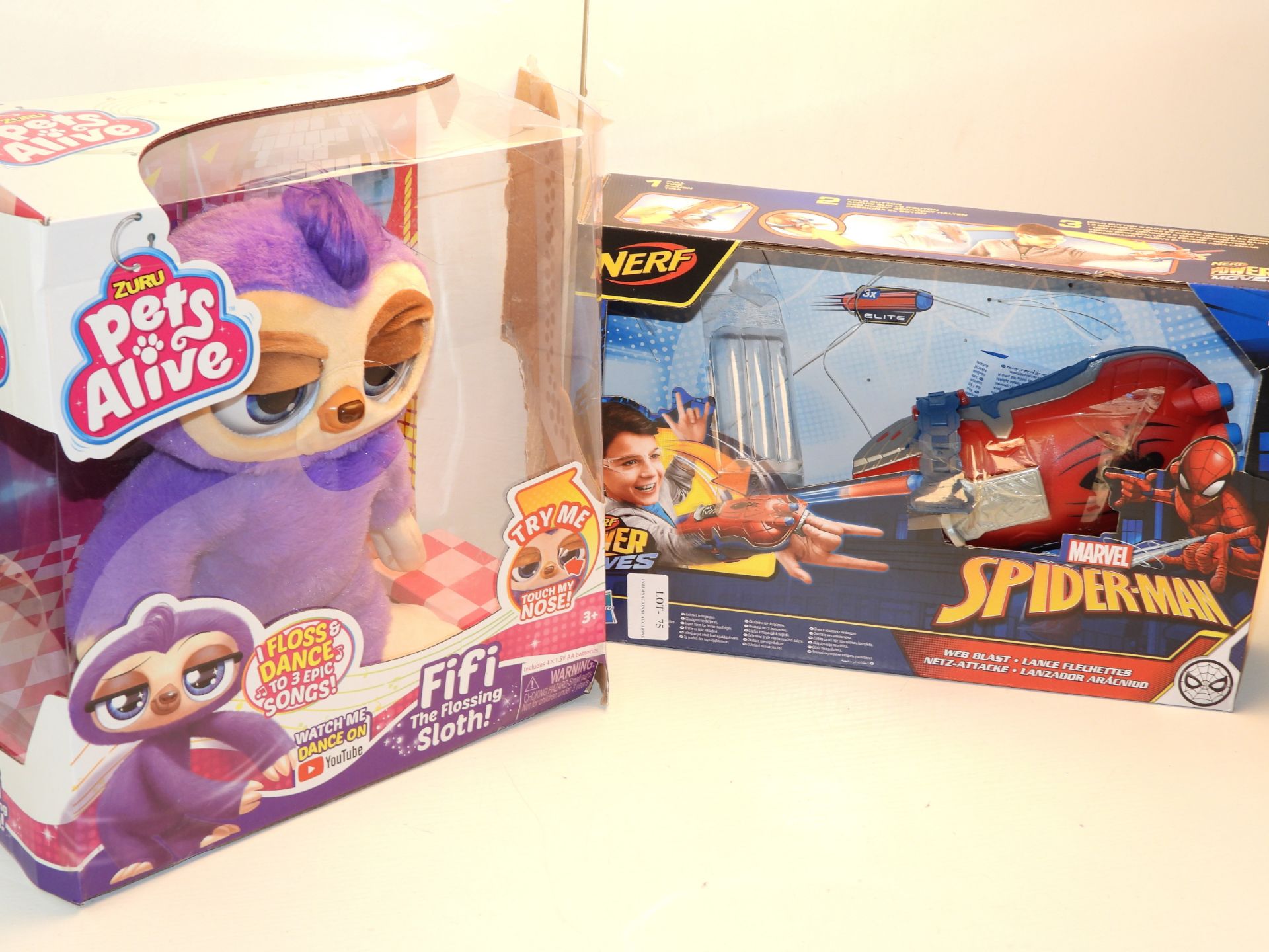 2X BOXED ASSORTED TOYS TO INCLUDE SPIDER-MAN NERF & ZURU PETS ALIVE FIFI THE FLOSSING SLOTHCondition