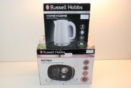 2X BOXED ASSORTED RUSSELL HOBBS ITEMS TO INCLUDE HONEYCOMB WHITE KETTLE & RETRO 1.5KW BLACK