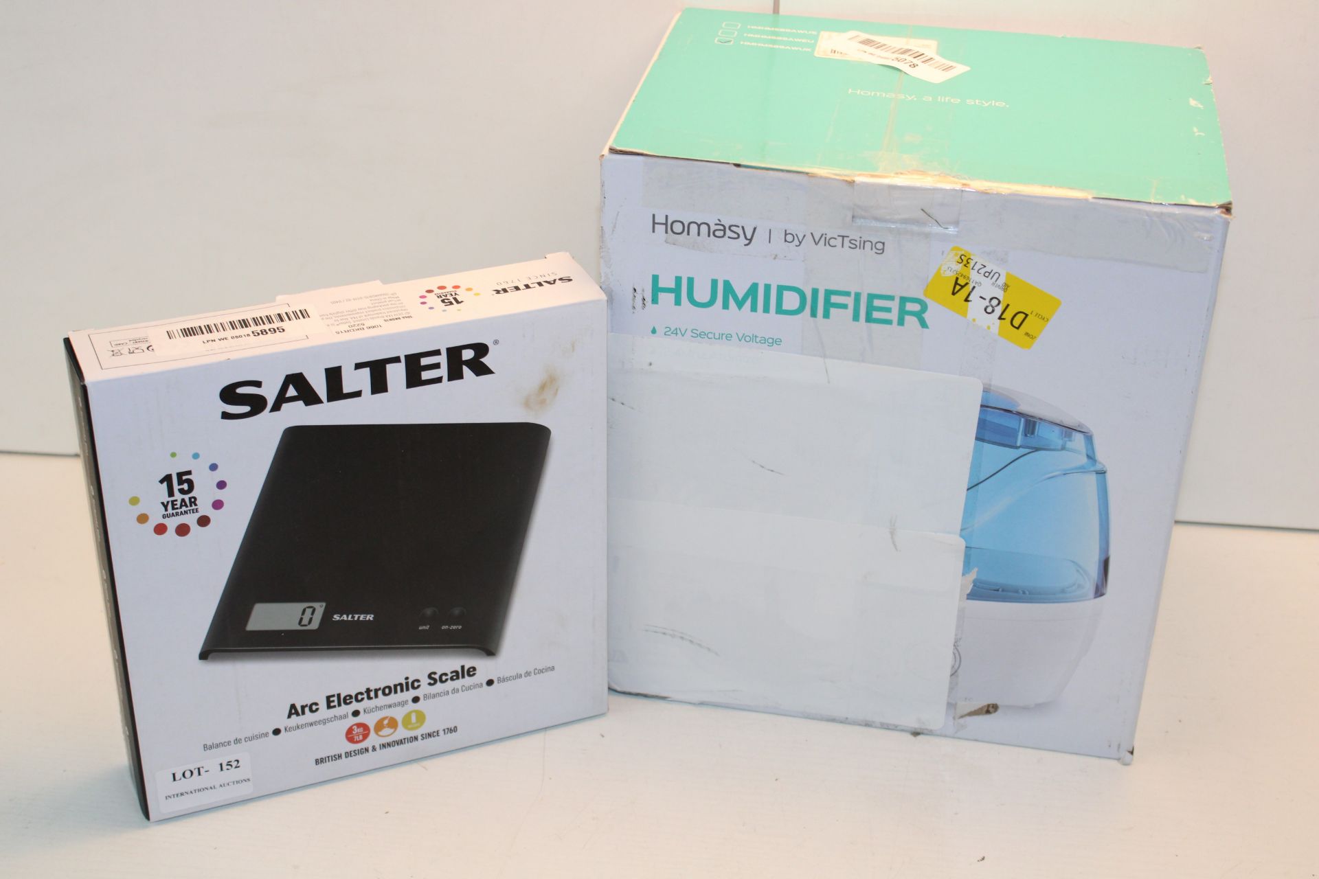 2X BOXED ASSORTED ITEMS TO INCLUDE HOMASY HUMIDIFIER & SALTER ARC ELECTRONIC SCALECondition