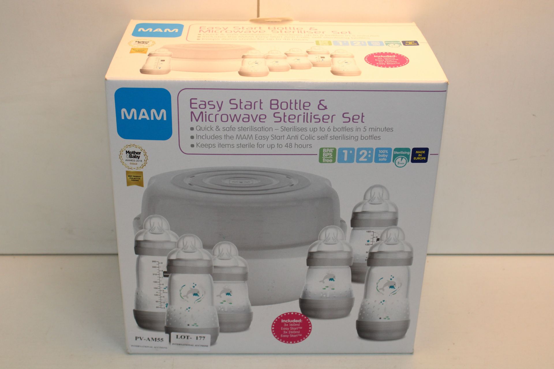 BOXED MAM EASY START BOTTLE & MICROWAVE STERILISER SET Condition ReportAppraisal Available on