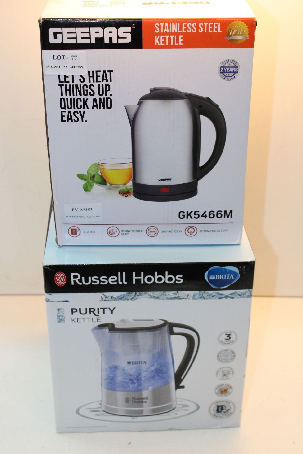 2X BOXED ASSORTED KETTLES BY GEEPAS & RUSSELL HOBBS (IMAGE DEPICTS STOCK)Condition ReportAppraisal