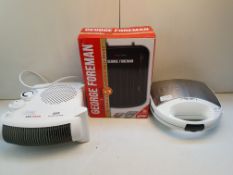 X 3 ITEMS TOINCLUDE UNBOXED HEATER, UNBOXED BREVILLE SANDWICH MAKER, BOXED GEORGE FOREMAN PANINI