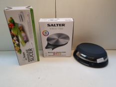 X 3 ITEMS TO INLCUDE SALTER SCALES, MANDOLINE SLICER & JOSEPH JOSEPH SCALE COMBINED RRP £80Condition