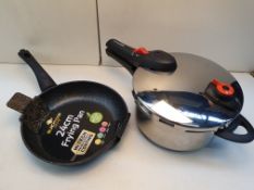 X 2 UNBOXED ITEMS TO INCLUDE FRYING PAN AND PRESSURE COOKER PAN Condition ReportAppraisal