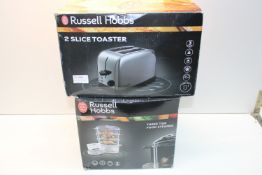 2X BOXED ASSORTED RUSSELL HOBBS ITEMS TO INCLUDE 2 SLICE TOASTER & THREE TIER FOOD STRAINER
