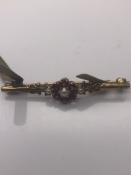 9 carat Antique Gold Brooch set with Rubies and Pearls