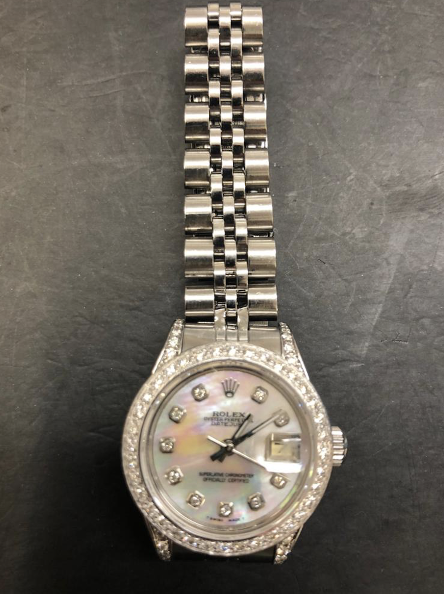 Ladies stainless steel 26mm Rolex Oyster Perpetual Datejust circa 1990's Full after set Diamonds