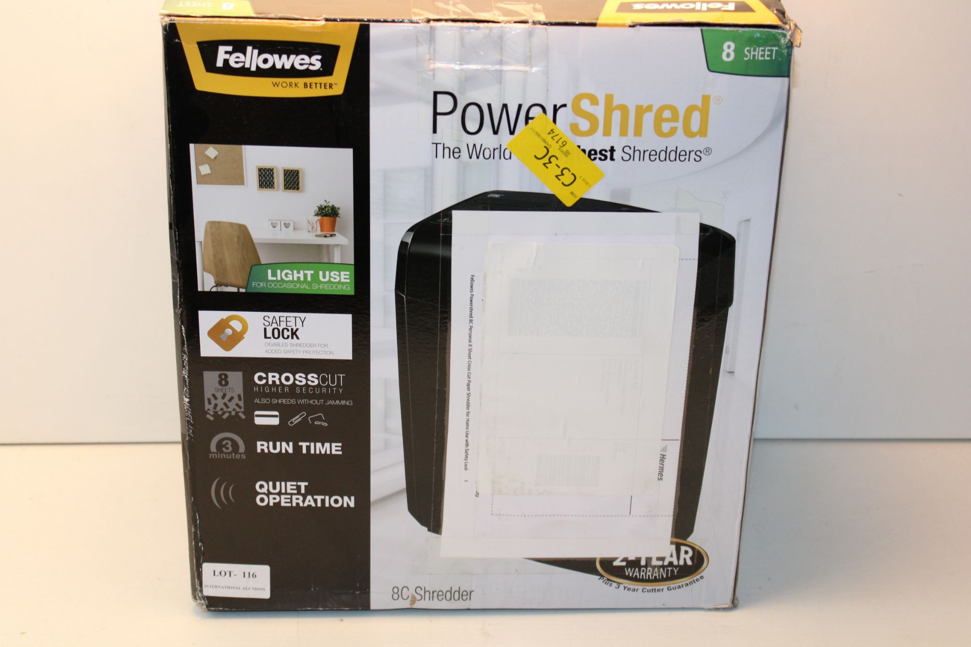 BOXED FELLOWES POWERSHRED 8C PAPER SHREDDER RRP £45.00Condition ReportAppraisal Available on