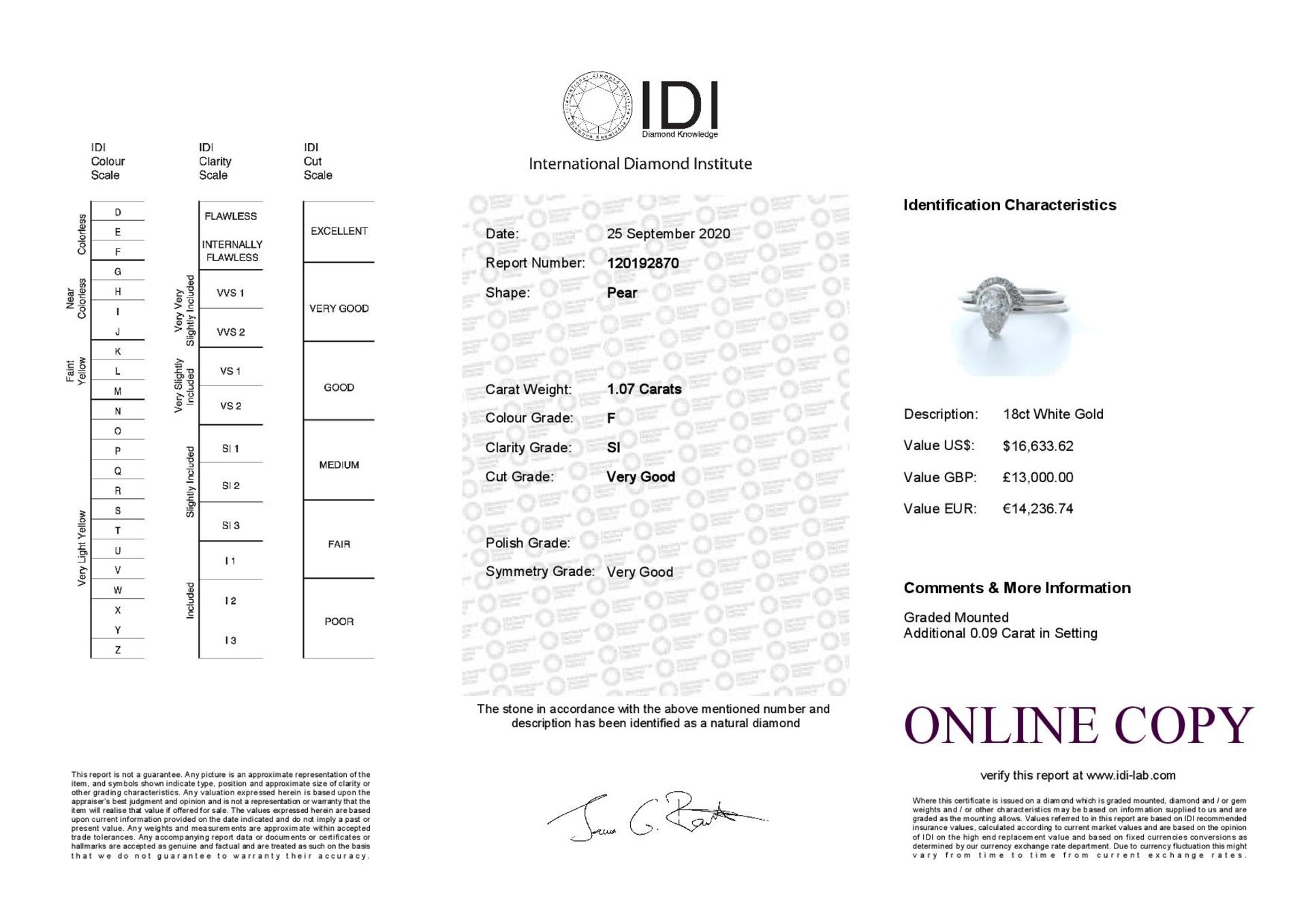 18ct White Gold Pear Shape Diamond Ring With Matching Band 1.16 (1.07) Carats - Valued by IDI £13, - Image 4 of 4