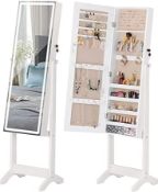 BOXED LUXFURNI LOCKABLE LED LIGHT JEWELLERY CABINET STANDING FULL SCREEN MIRROR MAKE-UP ARMOIRE