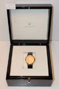BOXED ORNAKE DESIGNER MENS WRIST WATCH & BLACK LEATHER STRAP WITH HIGH GLOSS BLACK WOODEN CASE