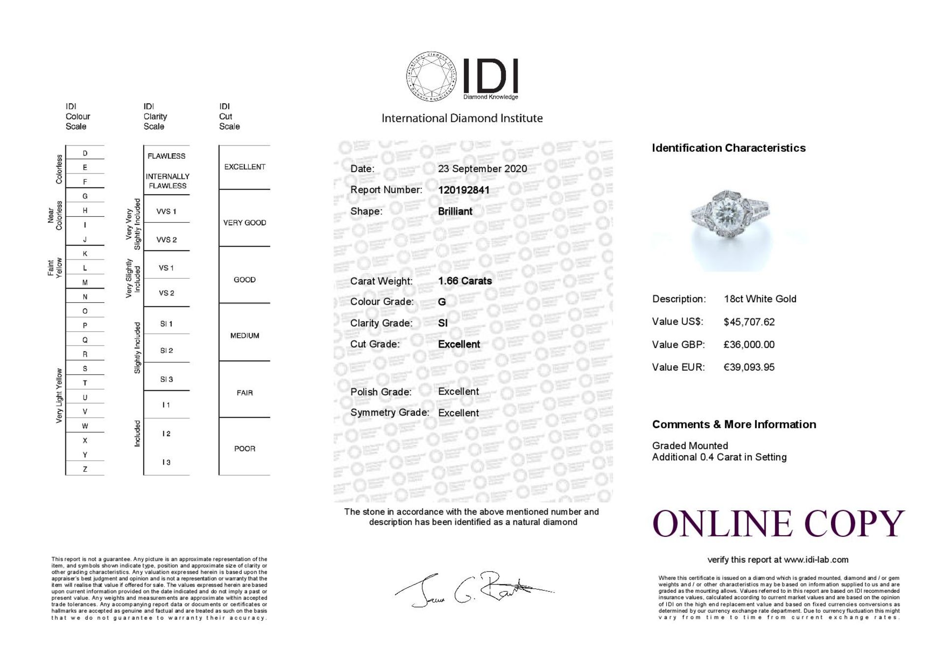 18ct White Gold Single Stone With Halo Setting Ring 2.06 (1.66) Carats - Valued by IDI £36,000. - Image 5 of 5