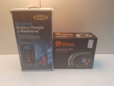 X 2 ITEMS TO INCLUDE HALFORDS ESSENTIALS TYRE INFLATOR & RING 8A SMART BATTERY CHARGER COMBINED