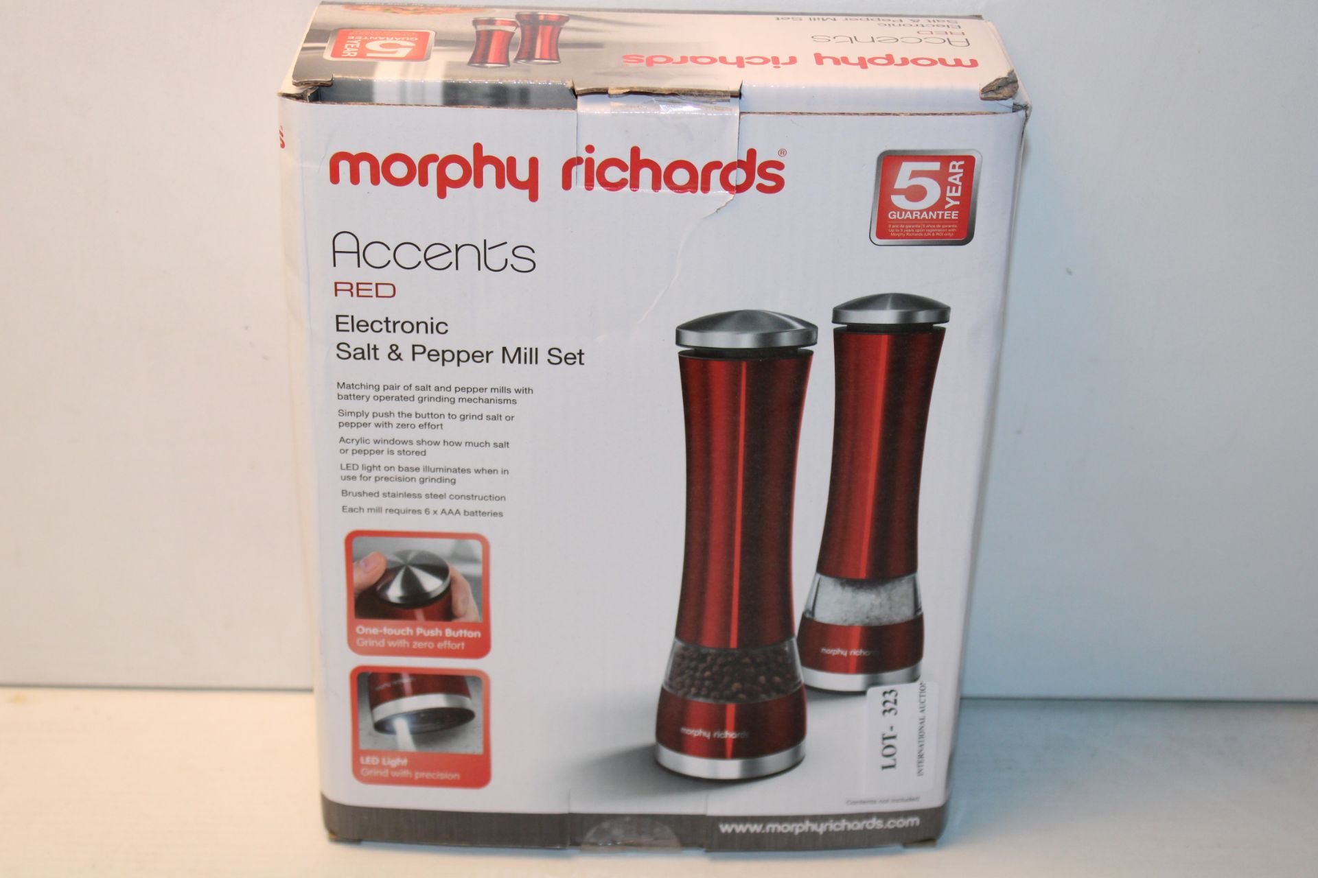 BOXED MORPHY RICHARDS ACCENTS RED ELECTRONIC SALT & PEPPER MILL SET RRP £29.99Condition