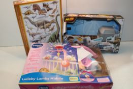 3X BOXED ASSORTED ITEMS TO INCLUDE VTECH BABY LULLABY LAMBS MOBILE, NERF MARVEL AVENGERS THOR HAMMER