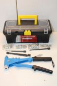 BOXED PLASTIC TOOL STORAGE BOX & HAND RIVETER Condition ReportAppraisal Available on Request- All