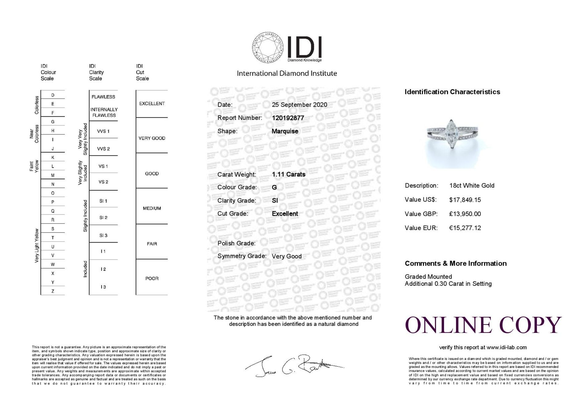 18ct White Gold Marquise Cut Diamond Ring 1.41 (1.11) Carats - Valued by IDI £13,950.00 - 18ct White - Image 5 of 5