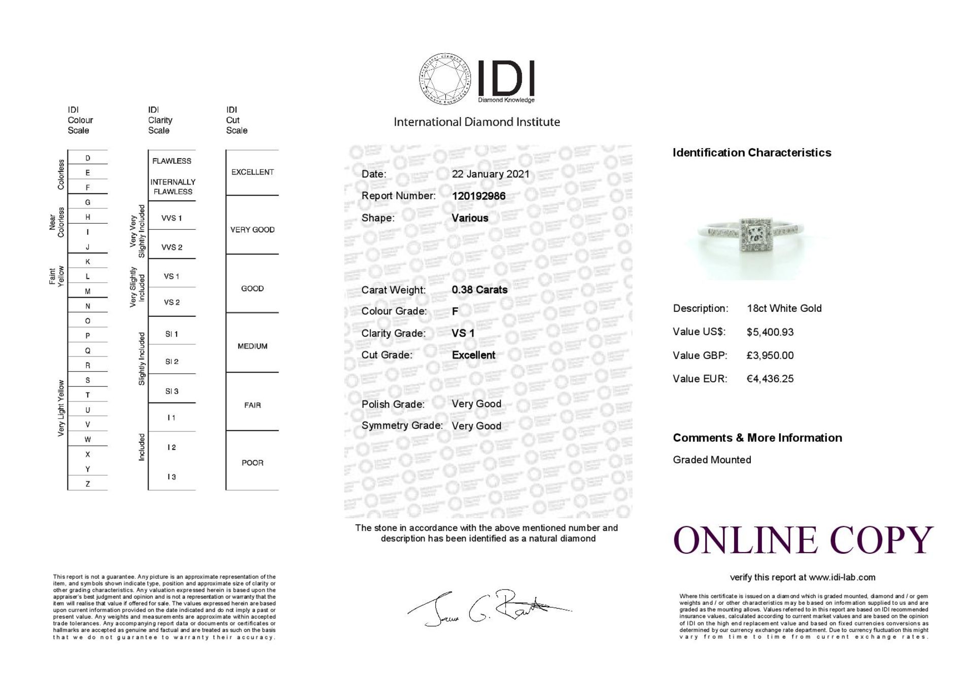 18ct White Gold Halo Set Diamond Ring 0.38 Carats - Valued by IDI £3,950.00 - 18ct White Gold Halo - Image 5 of 5