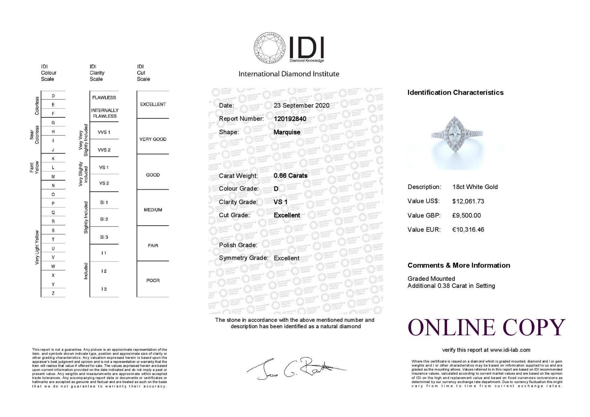 18ct White Gold Single Stone With Halo Setting Ring 1.04 (0.66) Carats - Valued by IDI £9,500.00 - - Image 5 of 5