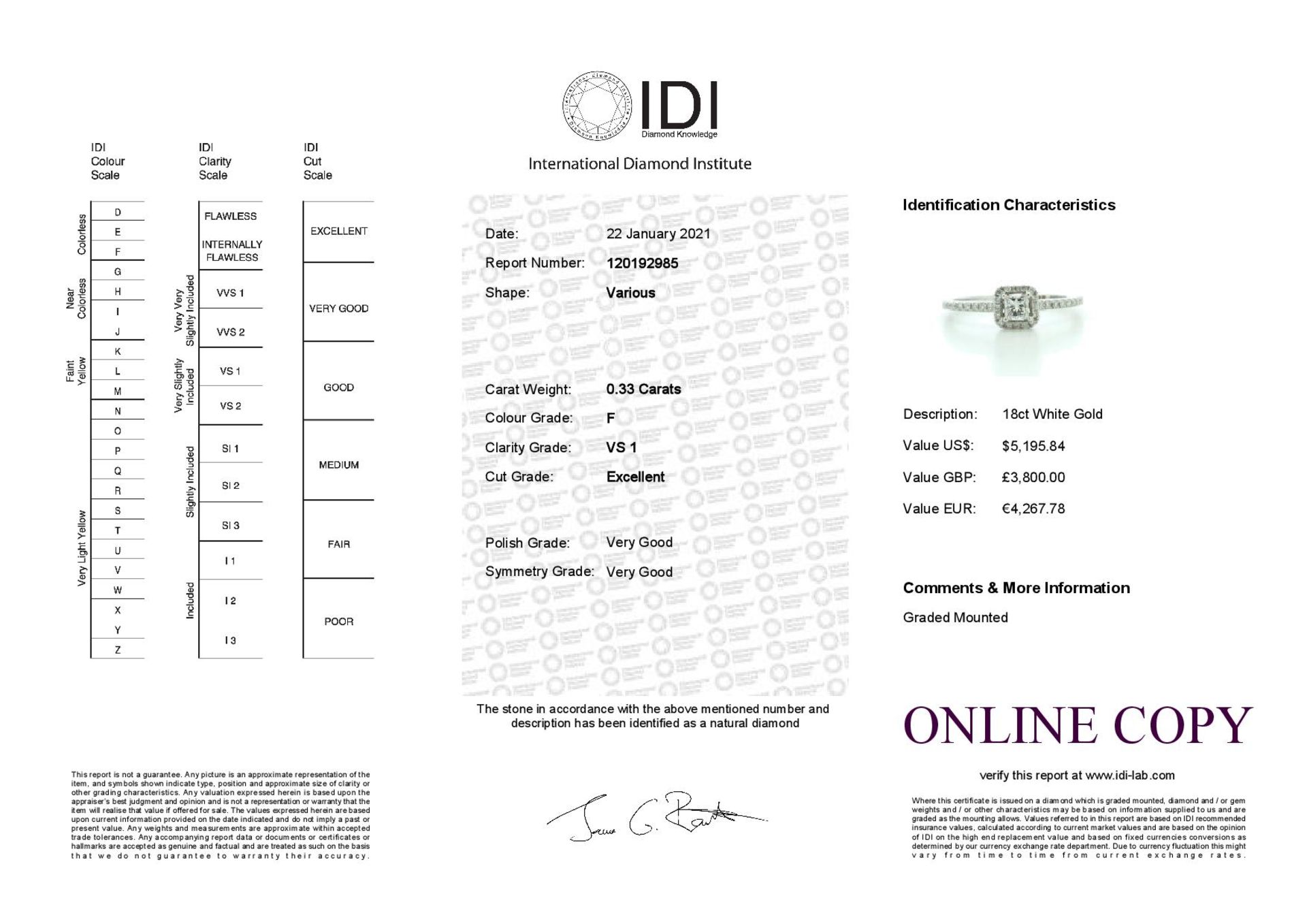 18ct White Gold Halo Set Diamond Ring 0.33 Carats - Valued by IDI £3,800.00 - 18ct White Gold Halo - Image 5 of 5