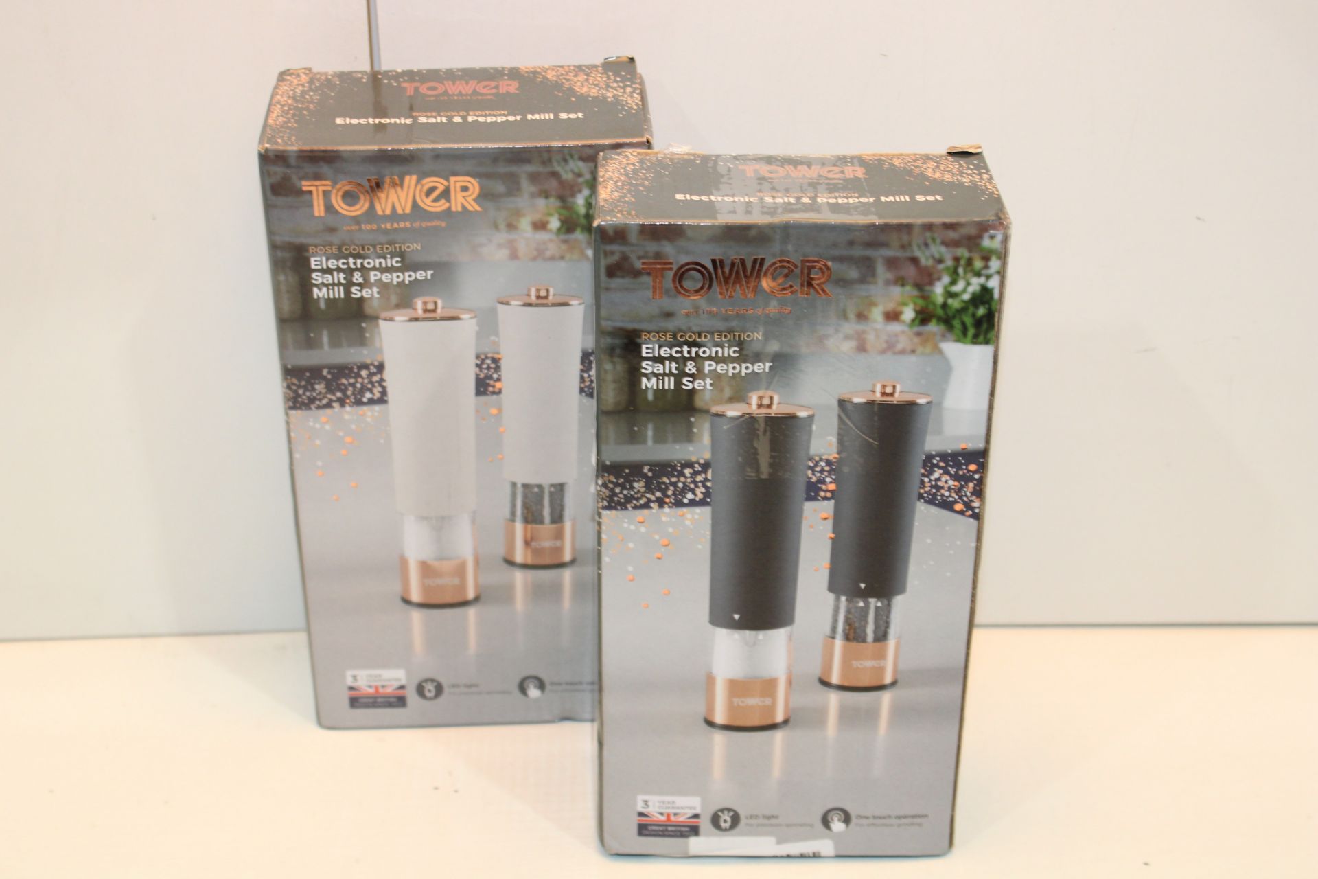 2X BOXED TOWER ROSE GOLD EDITION ELECTRONIC SALT & PEPPER MILL SETS COMBINED RRP £60.00Condition