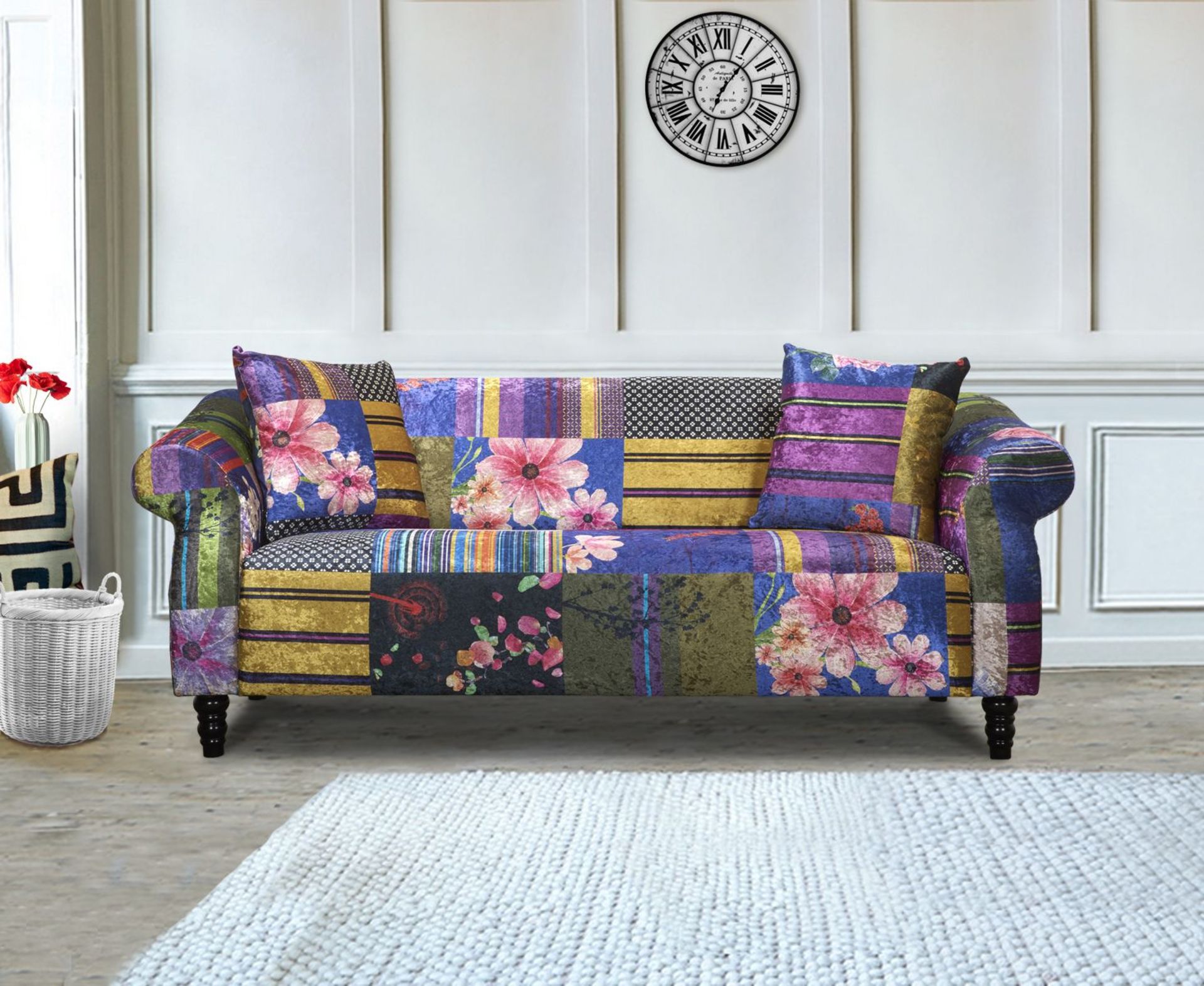 BAGGED FABRIC PATCHWORK 3 SEATER ANNA SHOUT SOFA - PATCHWORK MAY VARY RRP £619 Condition