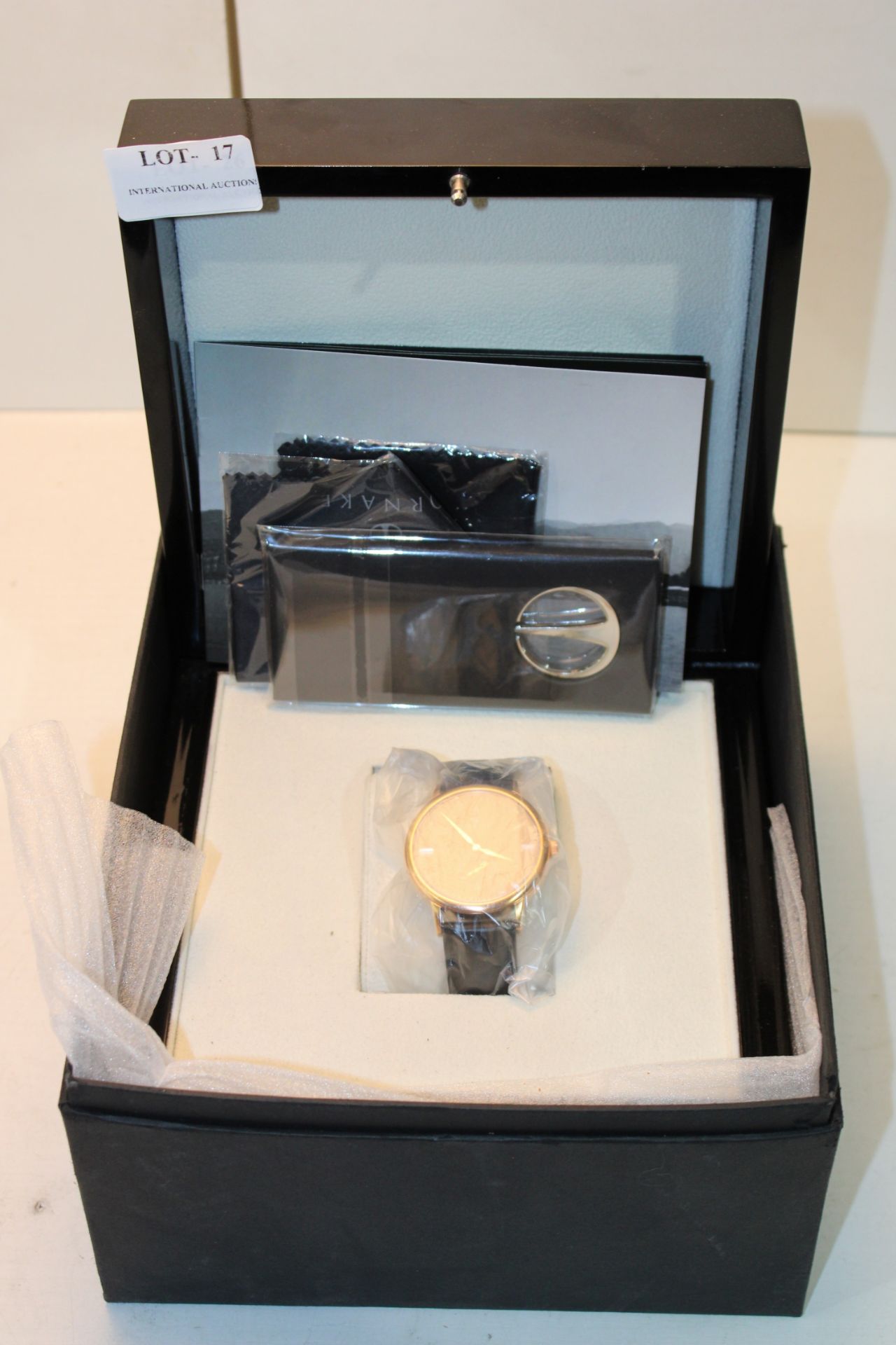 BOXED ORNAKE DESIGNER MENS WRIST WATCH CHROME TONE & BLACK LEATHER STRAP WITH HIGH GLOSS BLACK