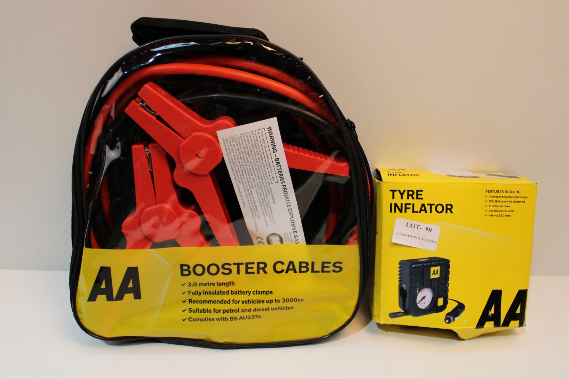 X 2 AA ITEMS TO INCLUDE TYRE INFLATOR & BOOSTER CABLES COMBINED RRP £45Condition ReportAppraisal