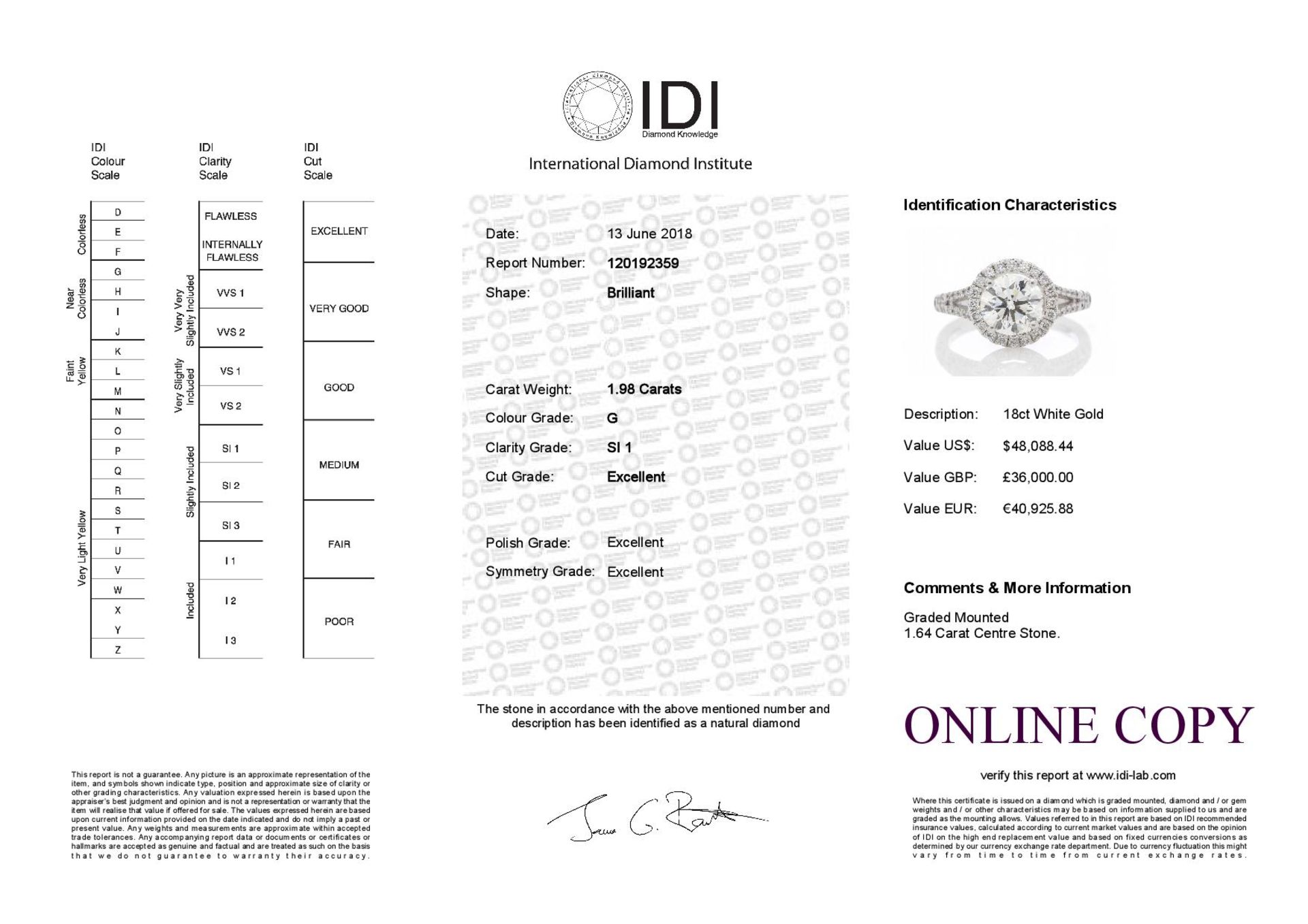 18ct White Gold Single Stone With Halo Setting Ring (1.64) 1.98 Carats - Valued by IDI £36,000. - Image 5 of 5
