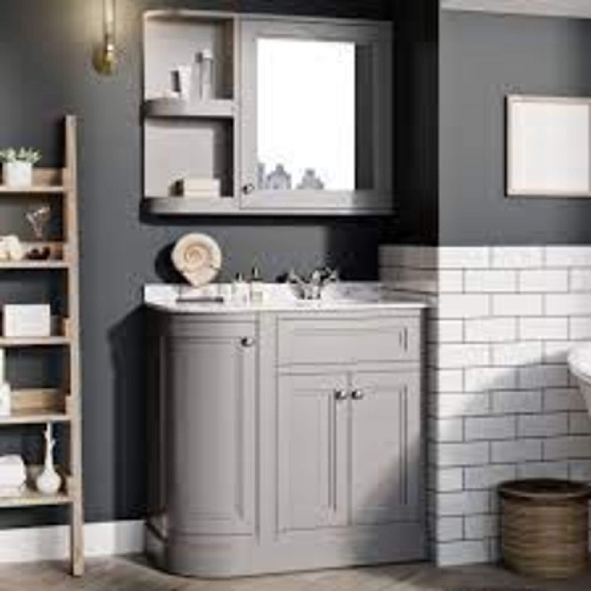 BOXED CROMWELL LEFT HAND 880MM CURVED MIRROR CABINET MATT LIGHT GREY 880 X 700 MM FURNCRM20 RRP £