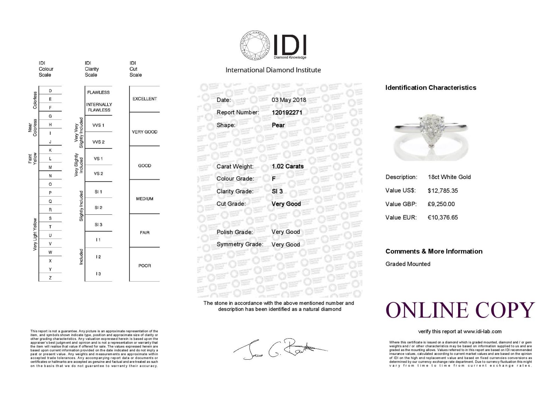 18ct White Gold Single Stone Pear Cut Diamond Ring 1.02 Carats - Valued by IDI £9,250.00 - One - Image 5 of 5