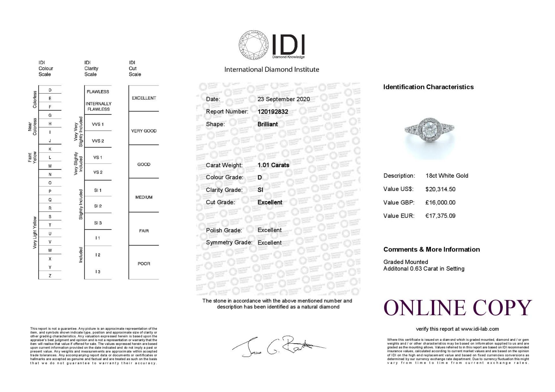 18ct White Gold Single Stone With Halo Setting Ring 1.64 (1.01) Carats - Valued by IDI £16,000. - Image 5 of 5