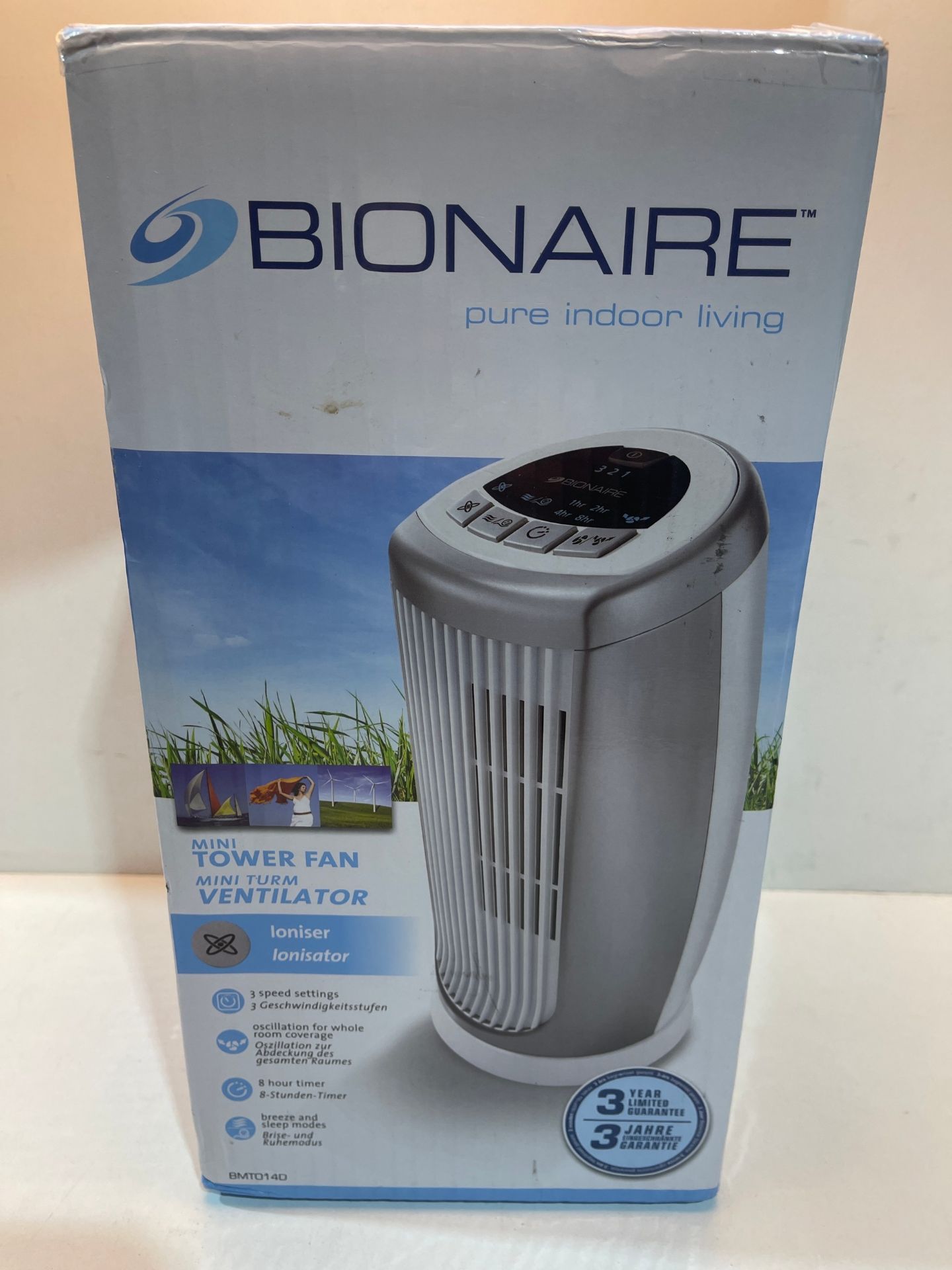 Bionaire BMT014D Mini Tower Fan, Oscillating with Timer & Optional Ioniser, Silver/White Â£34. - Image 2 of 2