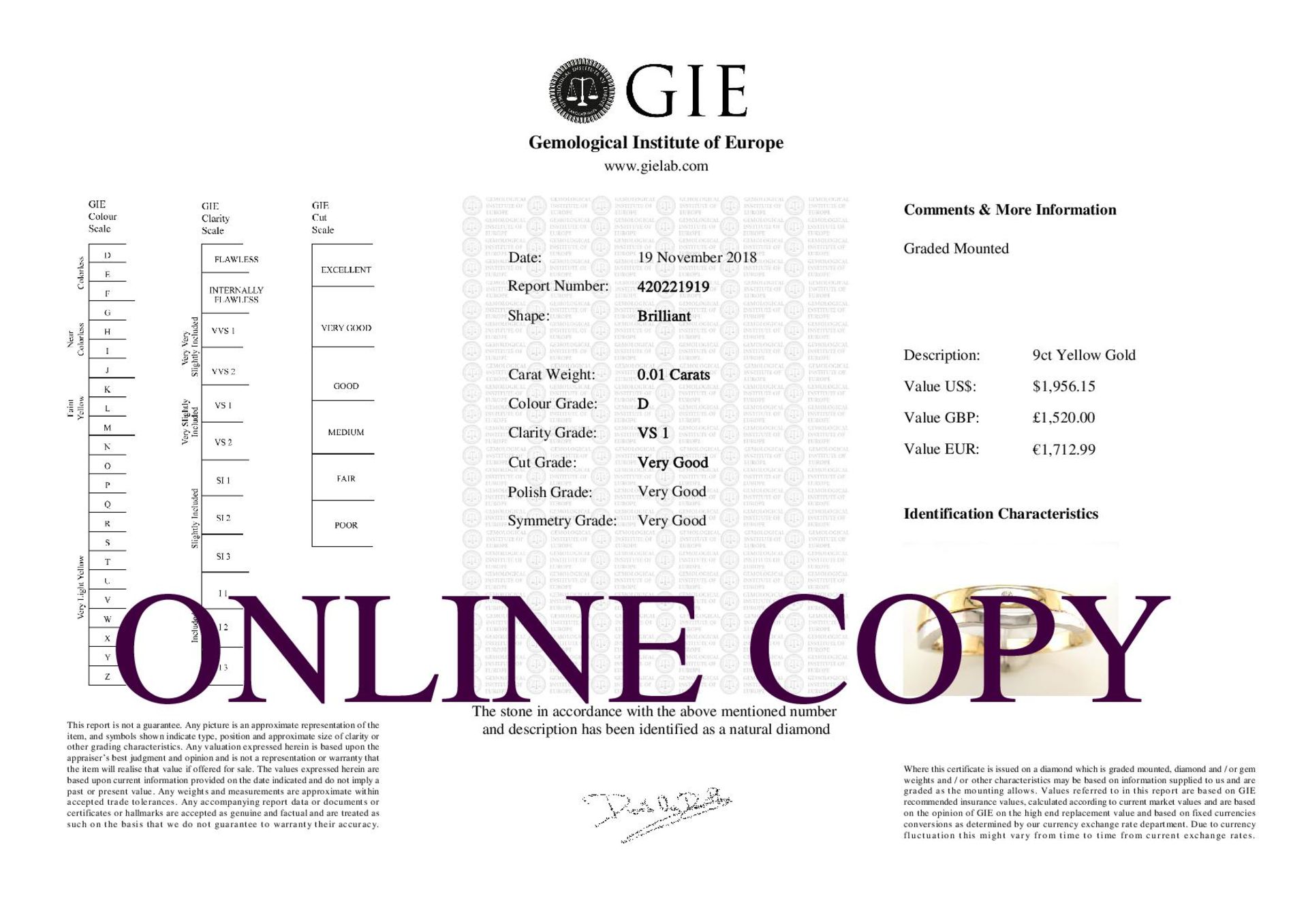 9ct Yellow Gold Single Stone Rub Over Set Diamond Ring 0.01 Carats - Valued by GIE £1,520.00 - 9ct - Image 5 of 5