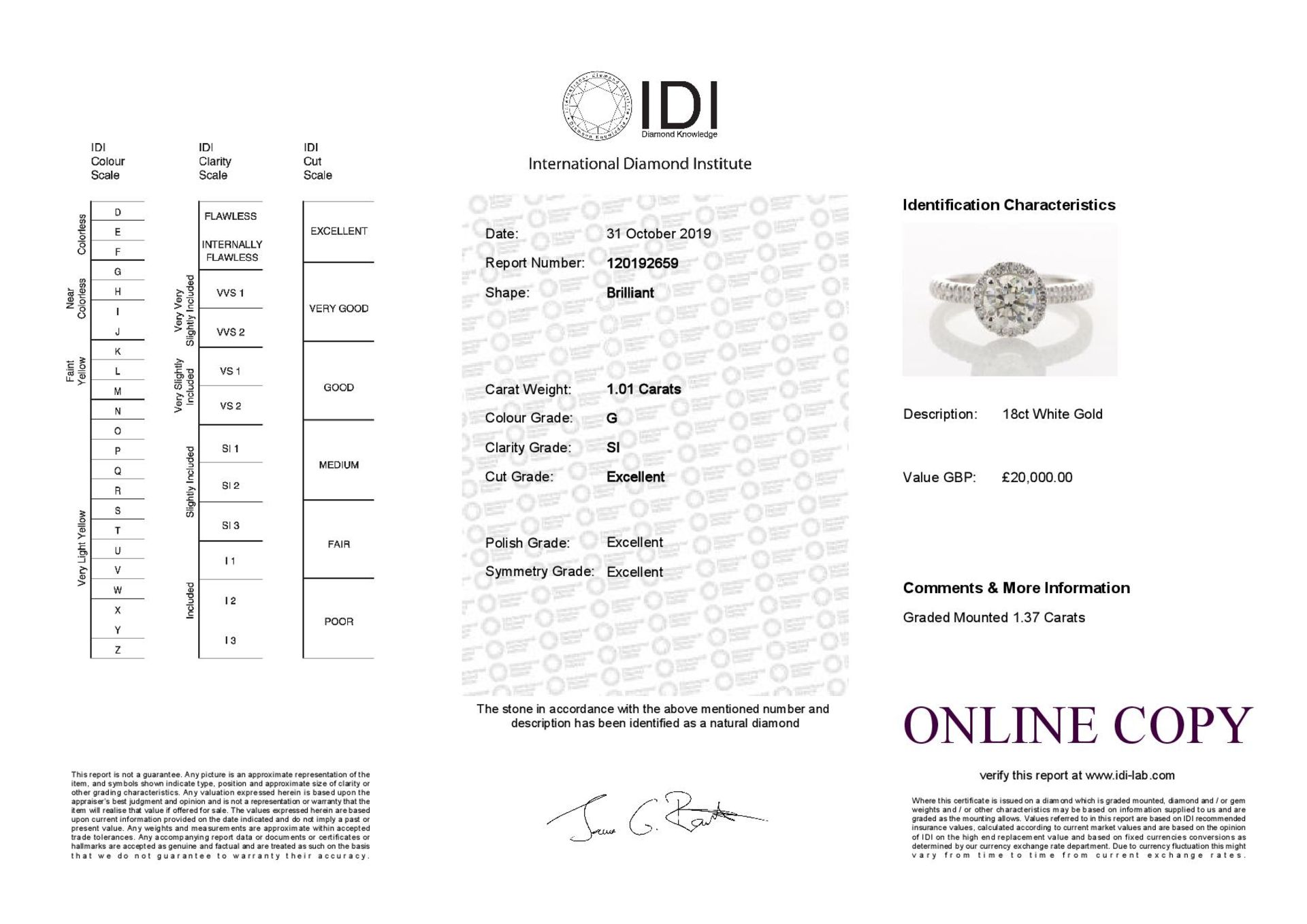 18ct White Gold Single Stone With Halo Setting Ring (1.01) 1.37 Carats - Valued by IDI £20,000. - Image 5 of 5