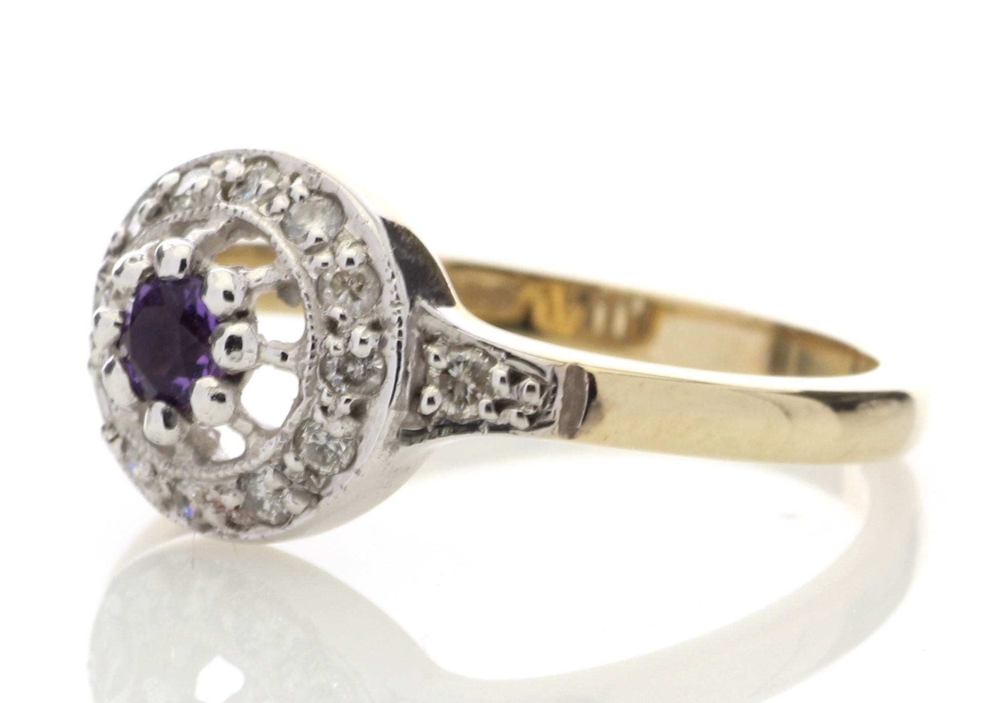 9ct Yellow Gold Round Cluster Claw Set Diamond Amethyst Ring 0.21 Carats - Valued by AGI £1,053.00 - - Image 2 of 5