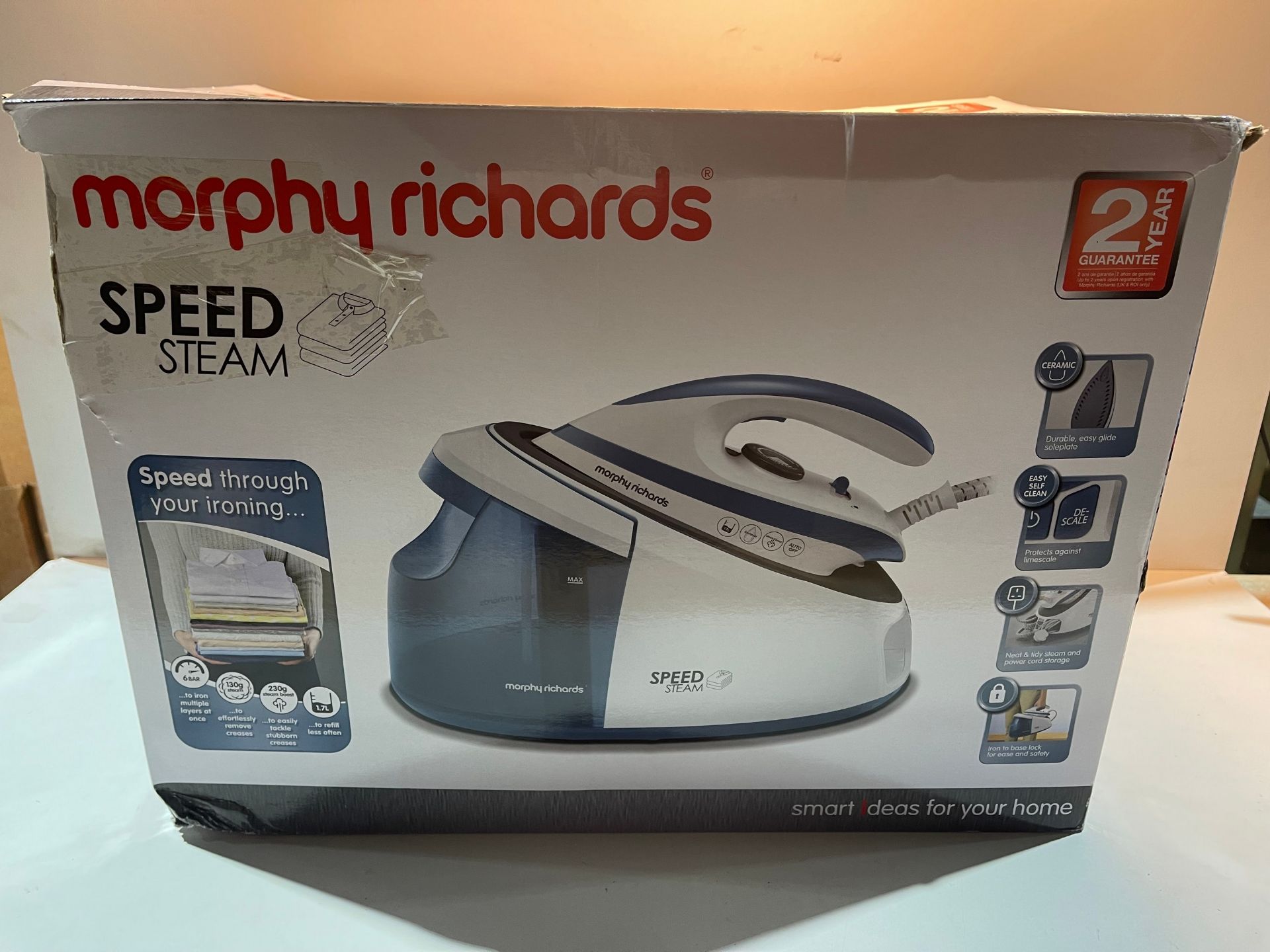 Morphy Richards Speed Steam Steam Generator Iron Ceramic 230g steam 1700ml tank 333200, White / Blue