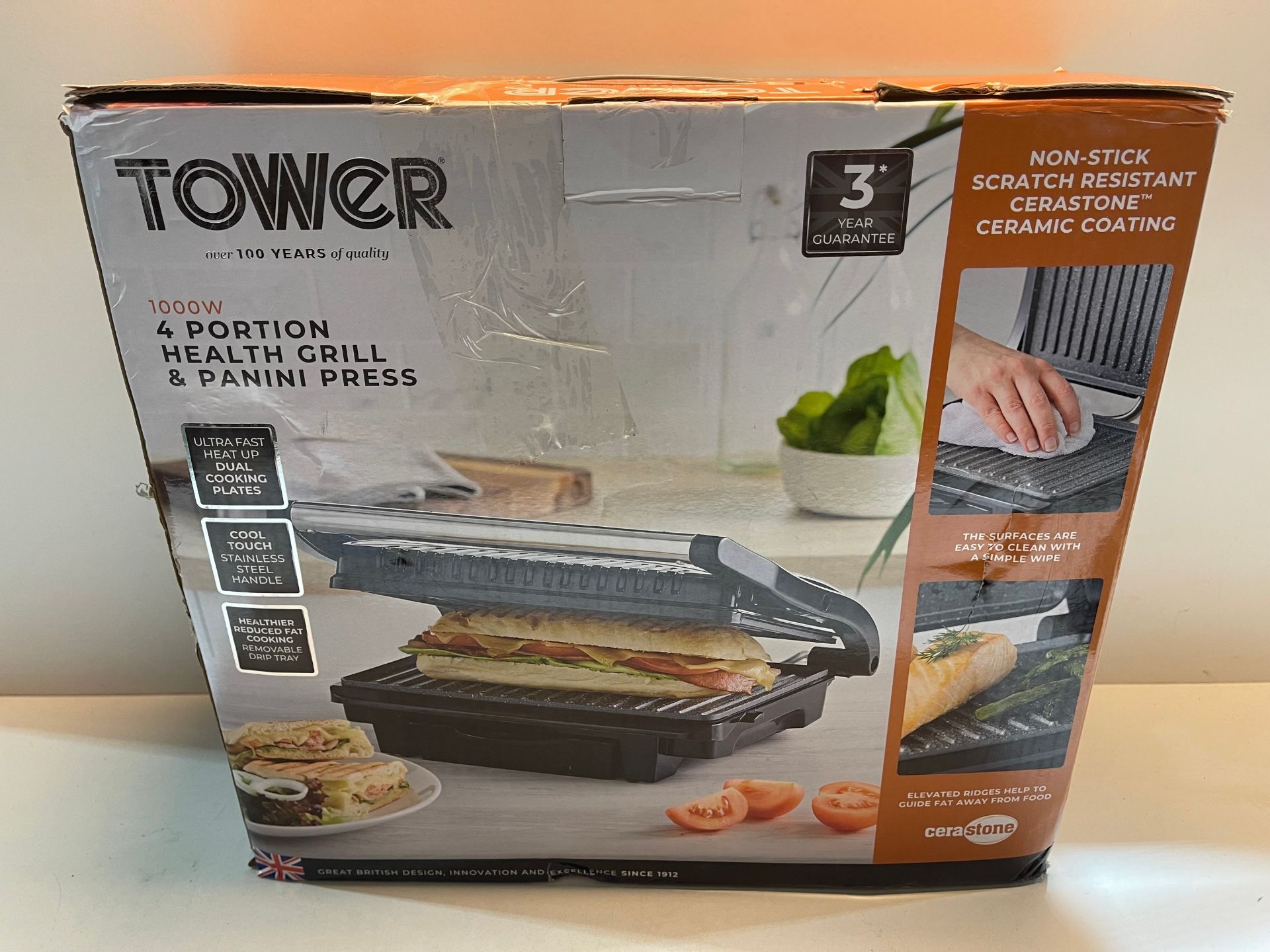 Tower T27009 4-Portion Stainless Steel and Ceramic Health Grill and Griddle with Cerastone Coated