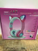 Bluetooth Headphones, Riwbox CT-7 Cat Ear LED Light Up Wireless Foldable Headphones Over Ear with