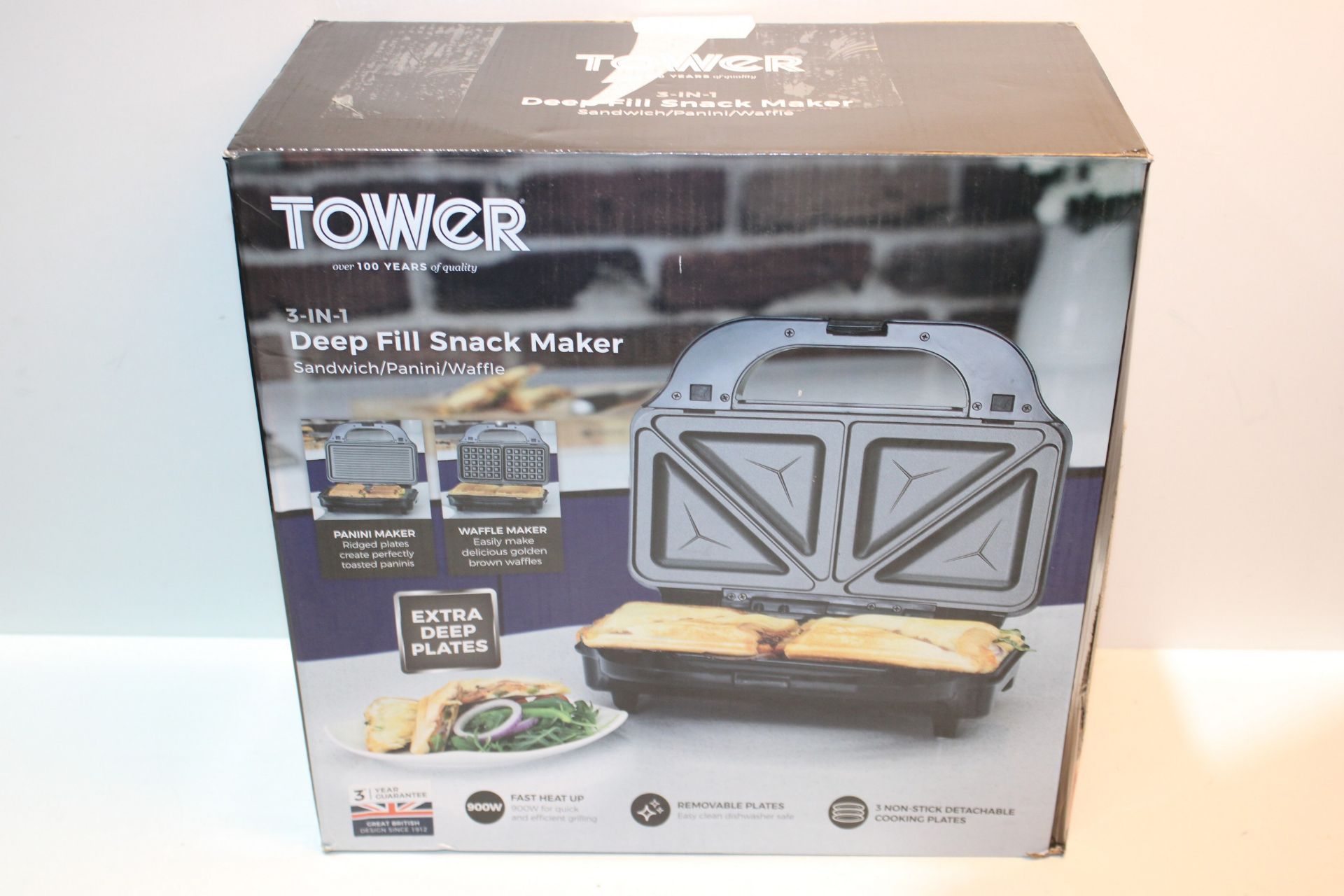 RRP £39.99 Tower T27020 3-in-1 Deep Fill Sandwich Maker with Interchangeable Waffle Plates