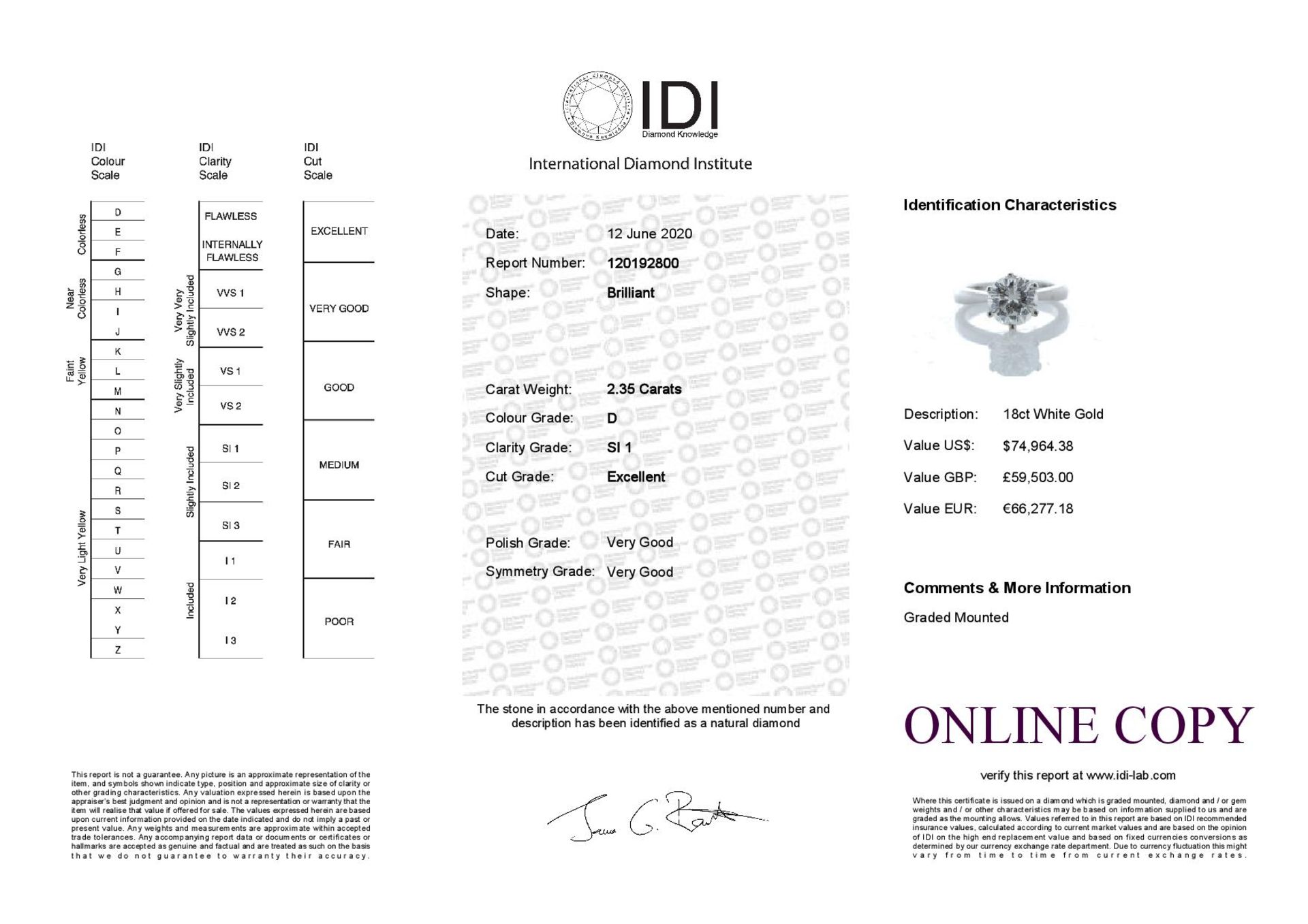 18ct White Gold Single Stone Prong Set Diamond Ring 2.35 Carats - Valued by IDI £59,503.00 - 18ct - Image 5 of 5