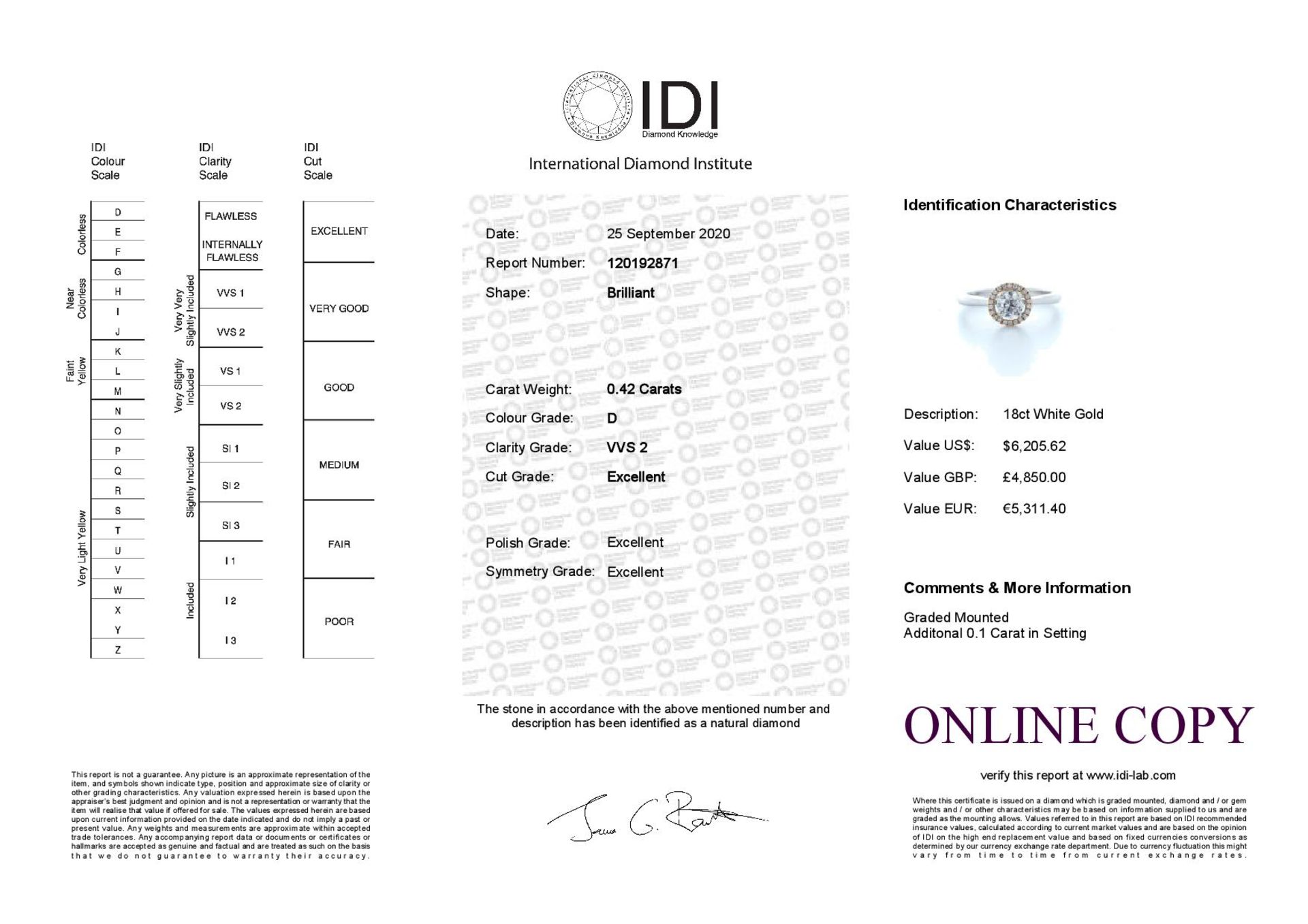 18ct White Gold Single Stone With Halo Setting Ring 0.52 (0.42) Carats - Valued by IDI £4,850.00 - - Image 5 of 5