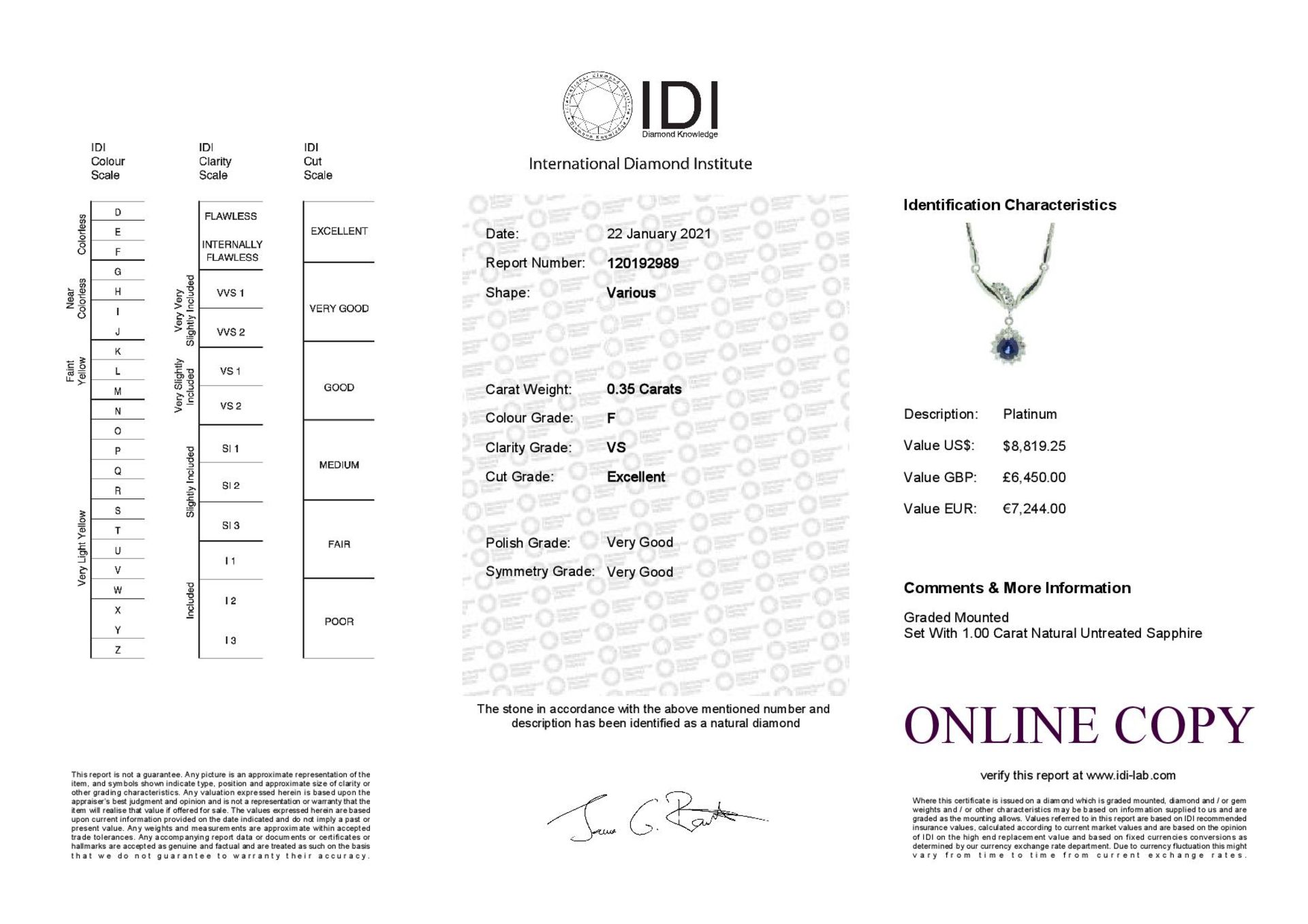 Platinum Cluster Diamond And Sapphire Necklace (S1.00) 0.35 Carats - Valued by IDI £6,450.00 - - Image 3 of 3