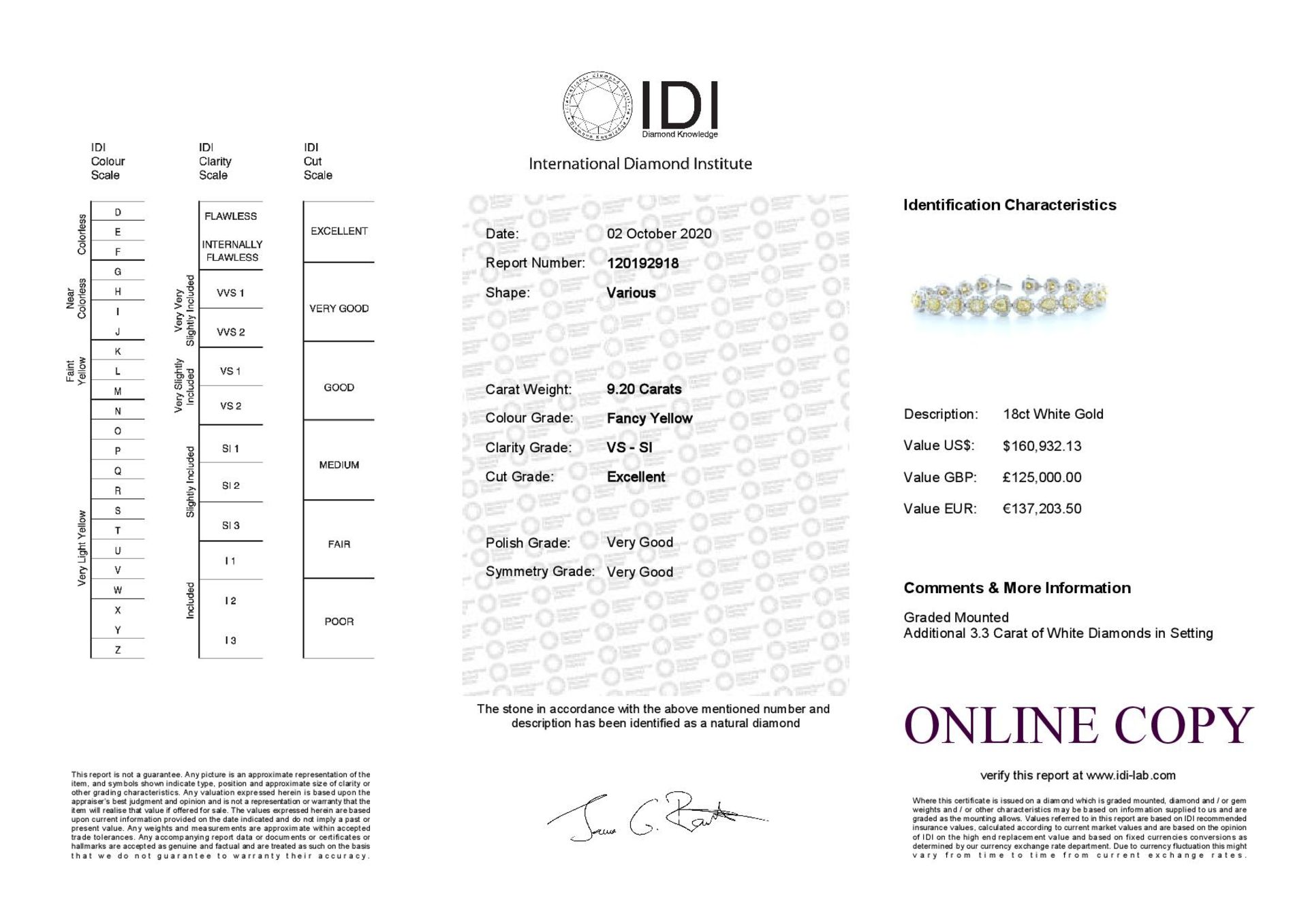 Halo Set Natural Fancy Yellow Diamond Bracelet 12.50 Carats Carats - Valued by IDI £125,000.00 - - Image 4 of 4