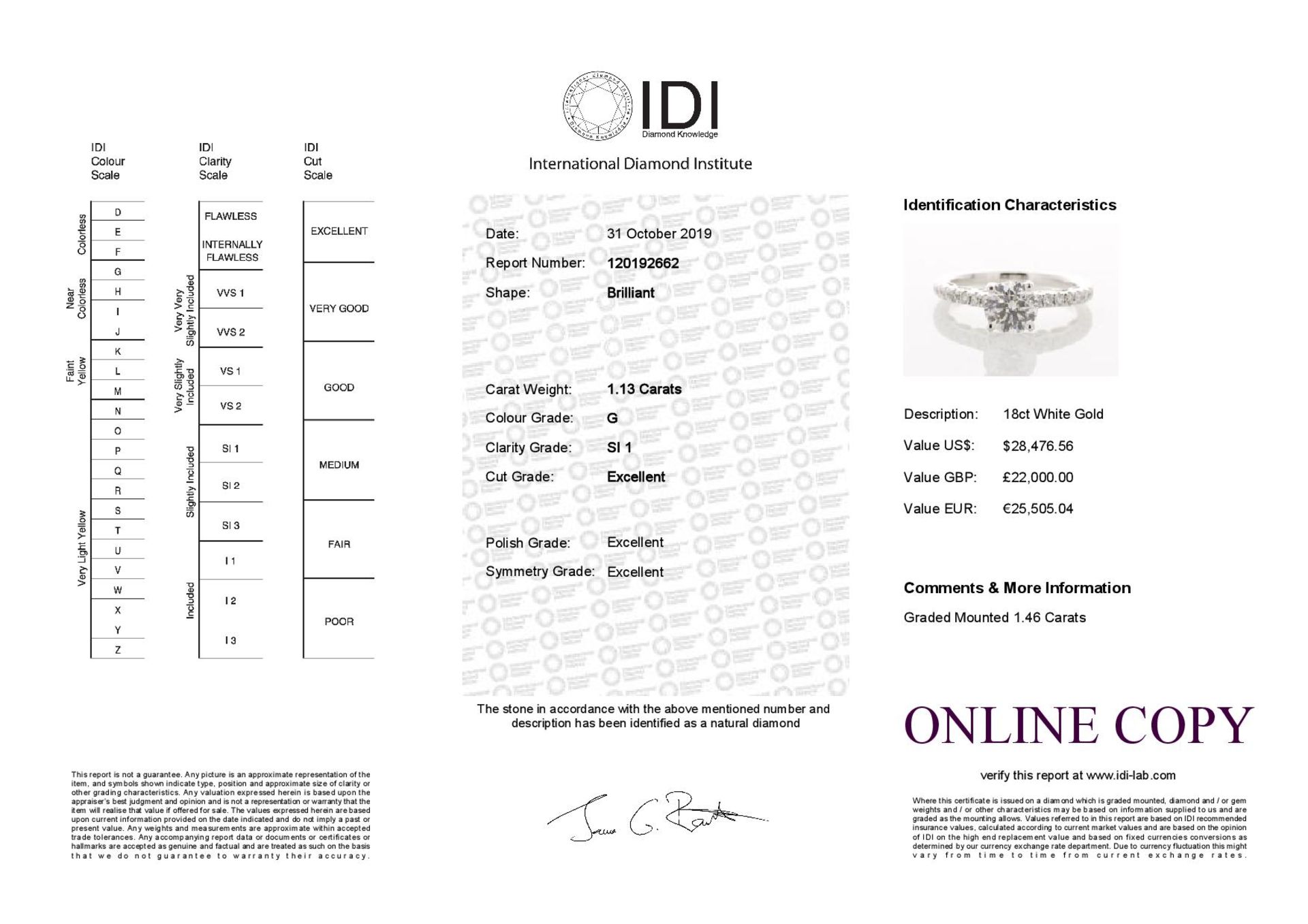 18ct White Gold Single Stone Prong Set With Stone Set Shoulders Diamond Ring (1.13) 1.46 Carats - - Image 6 of 6