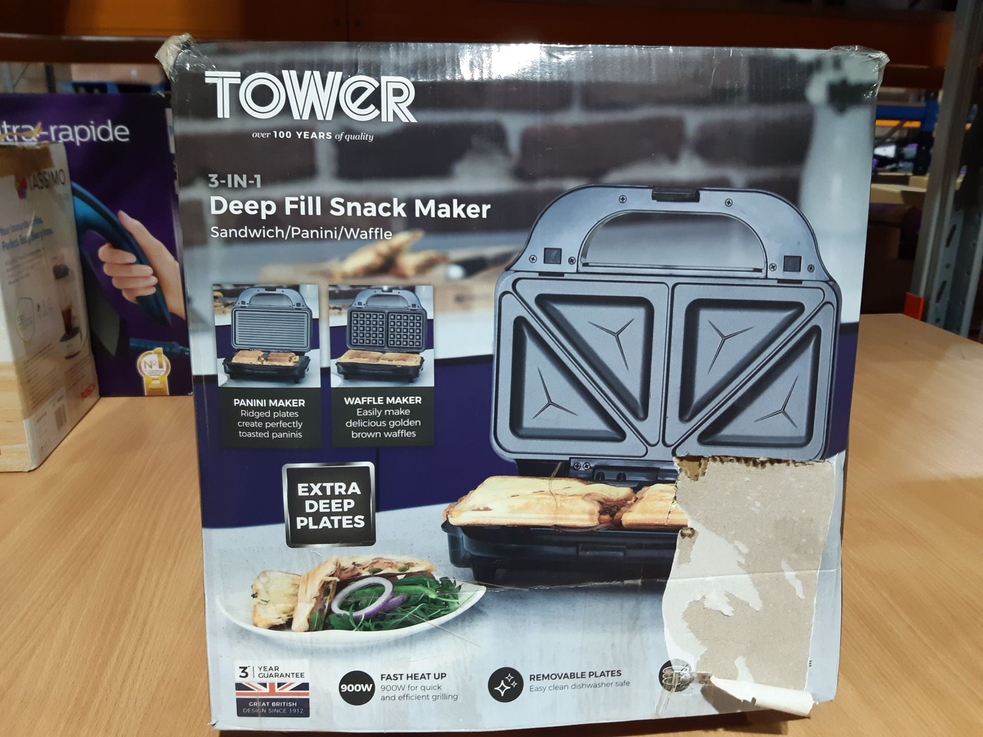 RRP £40.31 Tower T27020 3-in-1 Deep Fill Sandwich Maker with Interchangeable Waffle Plates