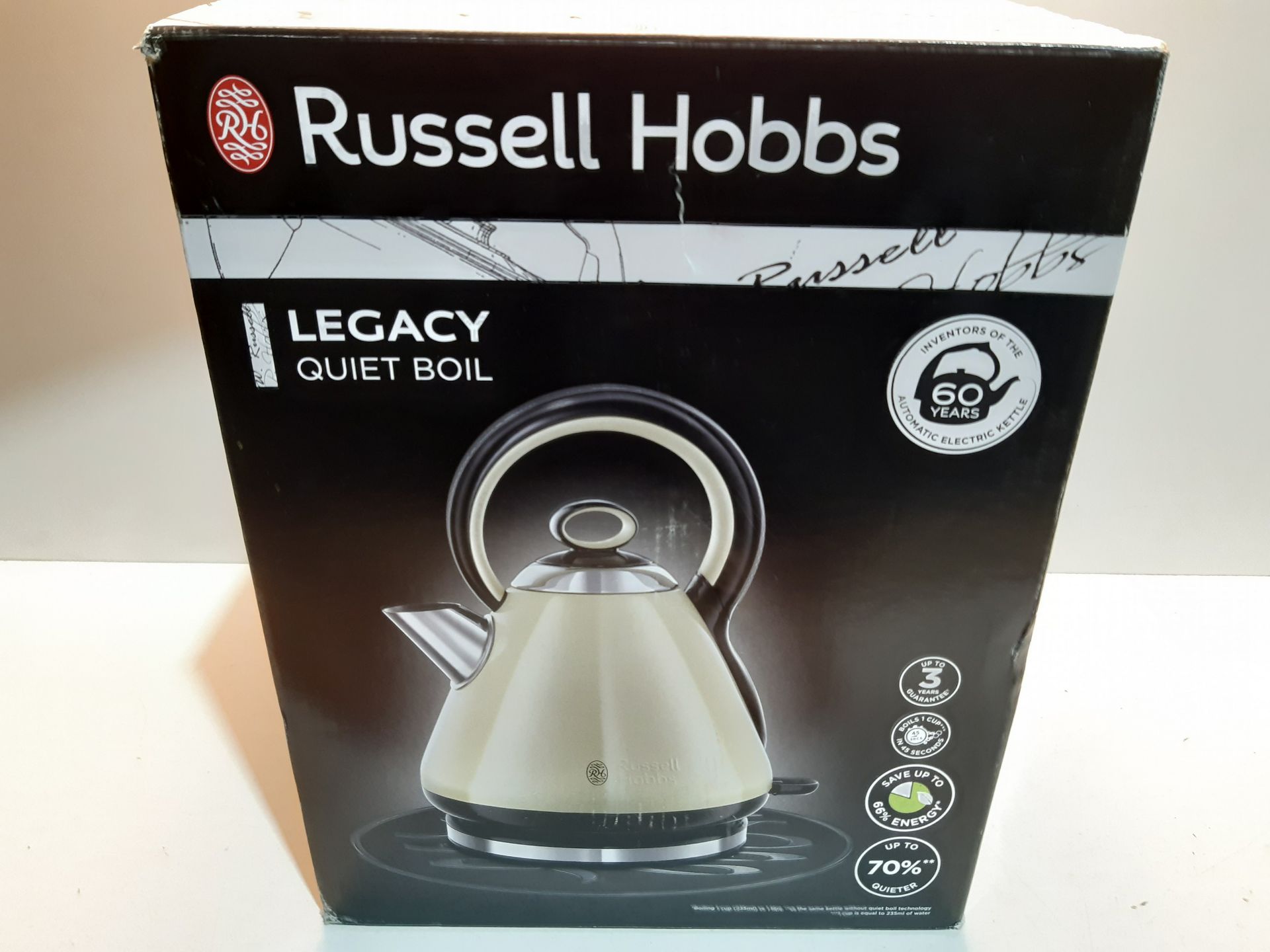 RRP £39.99 Russell Hobbs 21888 Legacy Quiet Boil Electric Kettle, 3000 W, 1.7 Litre, Cream