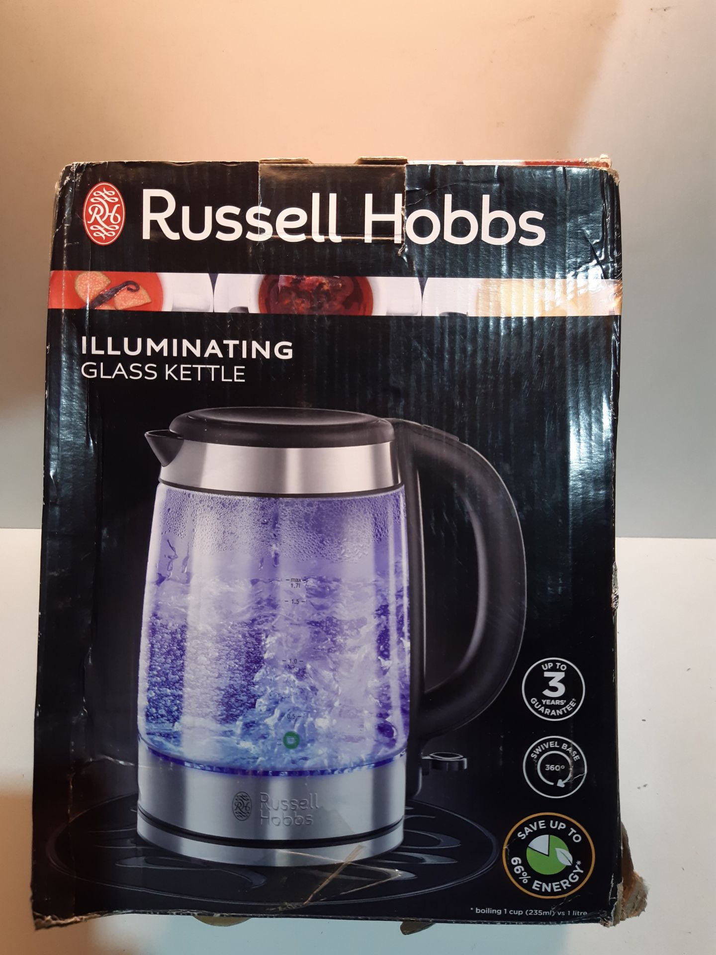 RRP £38.99 Russell Hobbs 21600-10 Illuminating Glass Kettle, Black, 1.7 Litre, 3000 Watt