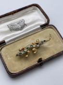 18CT YELLOW GOLD LIZZARD BROOCH, EMERALDS, RUBIE EYES AND DIAMONDS, EXCELLENT QUALITY